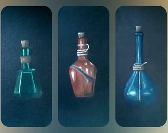 Skyrim 3 piece alchemy pastel art. Original potion bottle still life. Magicka, Health, Stamina Potions Elder Scrolls Skyrim gamer gift.