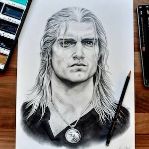 Geralt of Rivia Witcher Original watercolour splash yellow eyes graphite portrait 10 x 14 inch fantasy art gift for fans Henry Cavill