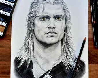 Geralt of Rivia Witcher Original watercolour splash yellow eyes graphite portrait 10 x 14 inch fantasy art gift for fans Henry Cavill