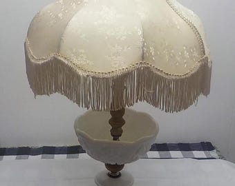 White Milk Glass Hobnail Table Lamp with Fringed Shade