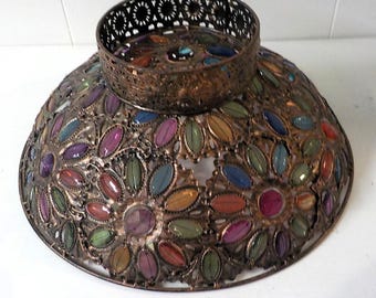 Round Brass metal lampshade with colorful glass inserts 17 inches across lot 2386