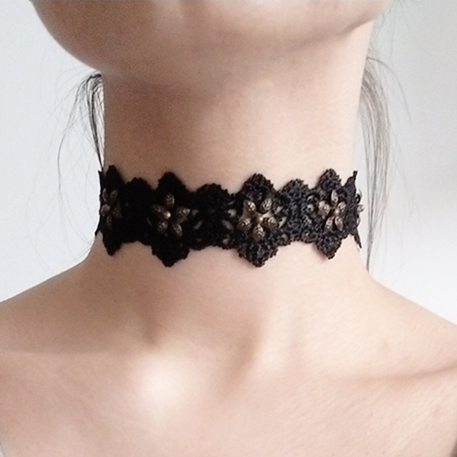 Lace choker with floral bronze studs Etsy