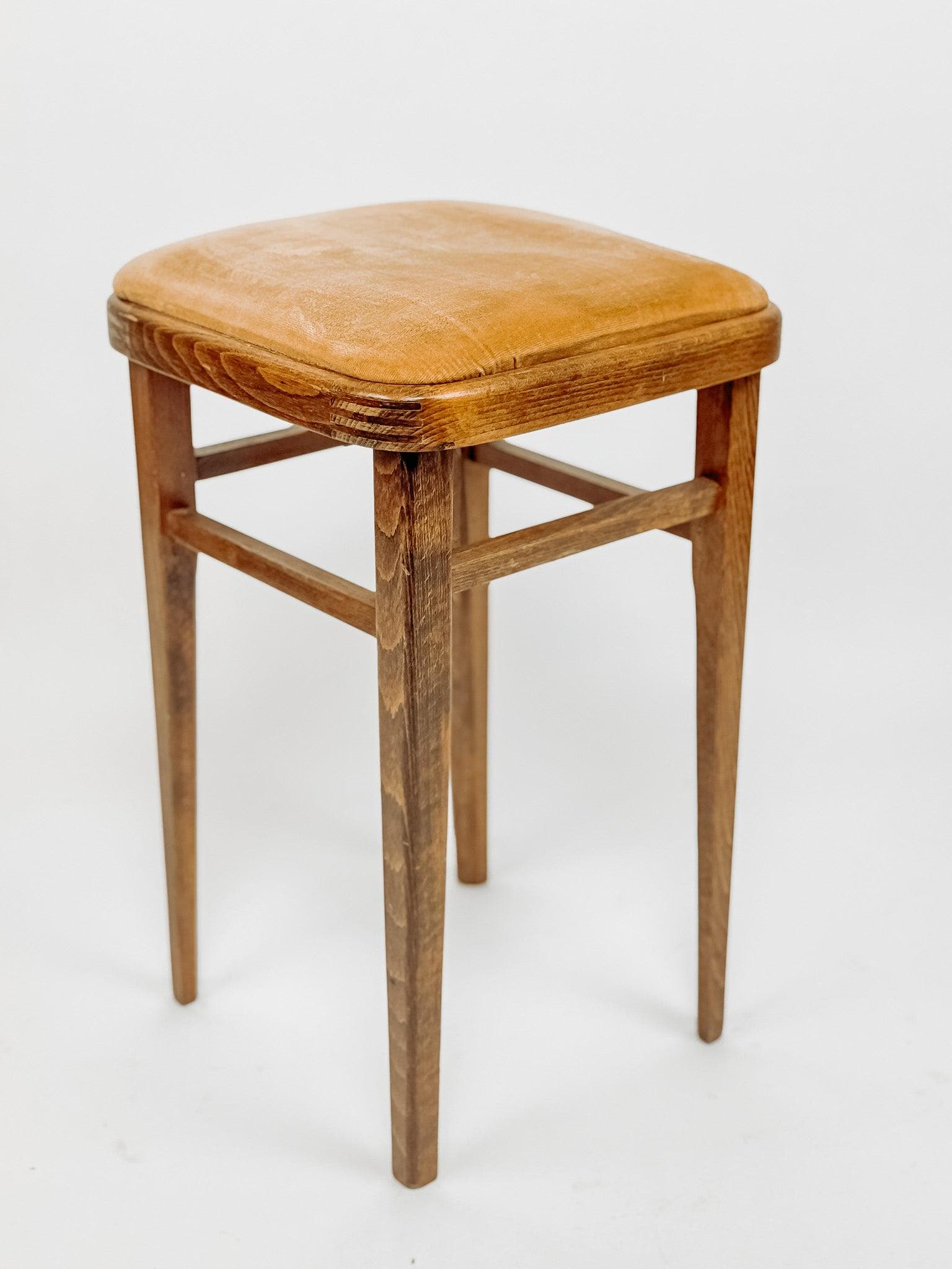 Tabouret ancien en teck - Revêtement en velours jaune doré - Tabouret de piano ou de cuisine - Style ancien anglais