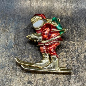 Vintage Skiing Santa Brooch - Christmas Enamel Pin