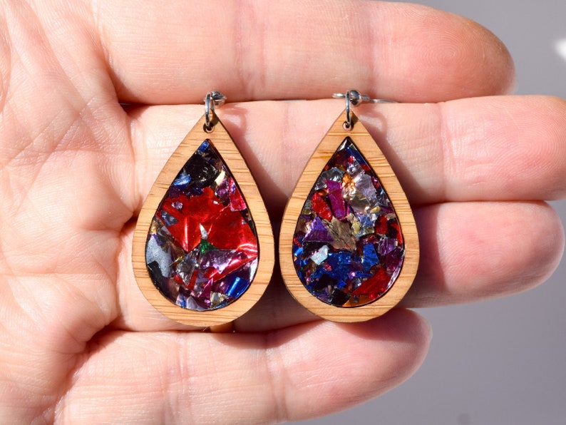 Kaleidoscope Teardrop Earrings; modern wood acrylic statement earring