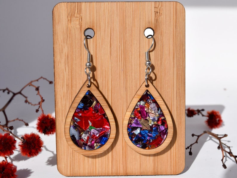 Kaleidoscope Teardrop Earrings; modern wood acrylic statement earring
