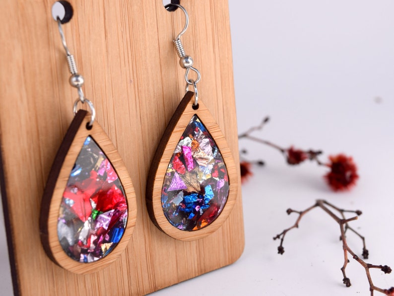 Kaleidoscope Teardrop Earrings; modern wood acrylic statement earring