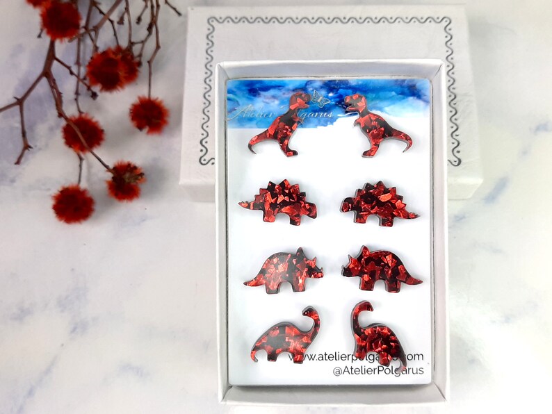 Flame Red Dinosaur Earrings Gift Box Dinosaur Stud Earrings Etsy