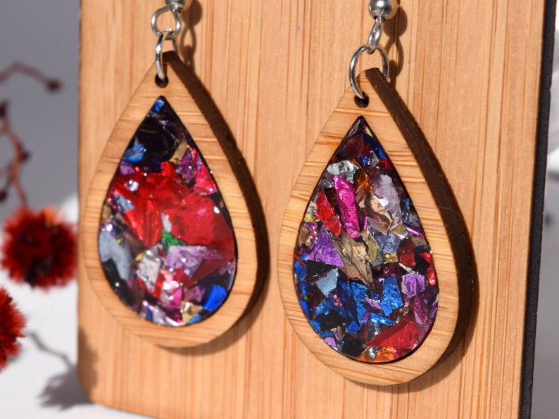 Kaleidoscope Teardrop Earrings; modern wood acrylic statement earring
