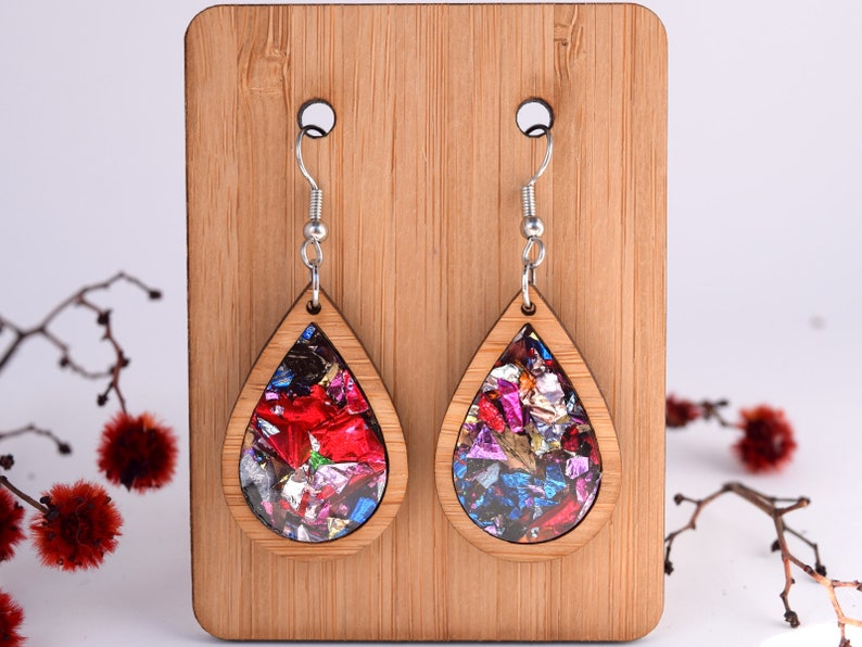 Kaleidoscope Teardrop Earrings; modern wood acrylic statement earring