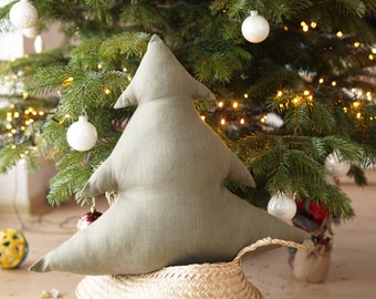 Christmas tree pillow linen, Linen Christmas tree pillow, Pillow Christmas tree , Linen pilow