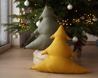 Christmas tree pillow linen, Mustard cushion, Linen Christmas tree pillow, Pillow Christmas tree , Linen pilow