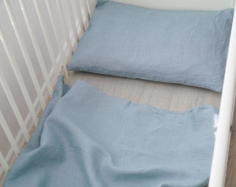 Dusty Blue Linen Baby Bedding Set, Soft Stonewashed Linen Pillowcase and Quilt Cover, Natural Toddler Bedding, Eco-Friendly Nursery Linen