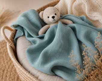 Dusty Blue Waffle Baby Blanket | Linen Cotton Baby Blanket Lightweight Breathable Swaddle Stroller Blanket Newborn Gift Nursery Bedding