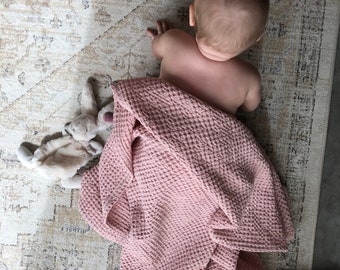 Organic Baby Blanket & Waffle Towel, Highly Absorbent Stroller Cover, Linen Cotton Newborn Wrap, Sustainable Nursery Gift, Multiuse Blanket