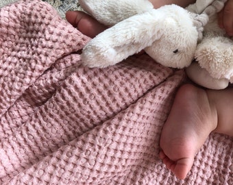Linen Cotton Waffle Baby Blanket, Dusty Pink Swaddle, Nursery Throw