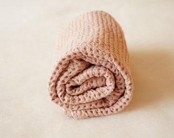 Organic Waffle Linen Baby Blanket, Soft Cotton Blend Newborn Swaddle, Dusty Rose Toddler Throw, Natural Baby Shower Gift, Breathable Nursery