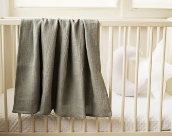 100% Linen Baby Blanket - Soft Waffle Toddler Towel 100x100cm - Sage Green Nursery Throw - Breathable Stroller Sun Shade - Eco Newborn Gift