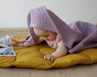 Linen Cotton Waffle Baby Hooded Towel - Simple Primitive Newborn Bath Wrap - Soft Lavender Toddler Towel - Natural Sensitive Skin Friendly