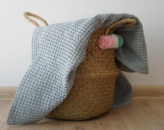 Light Blue Linen Waffle Baby Blanket, Breathable Summer Swaddle for Newborn Boy, Soft Lightweight Receiving Blanket, Boho Nursery Baby Gift