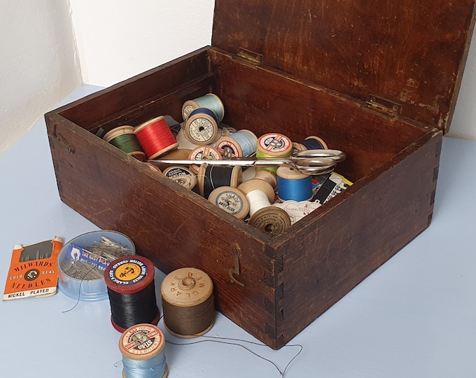 Antique Wooden Sewing Box With Vintage Sewing Supplies Sewing Etsy