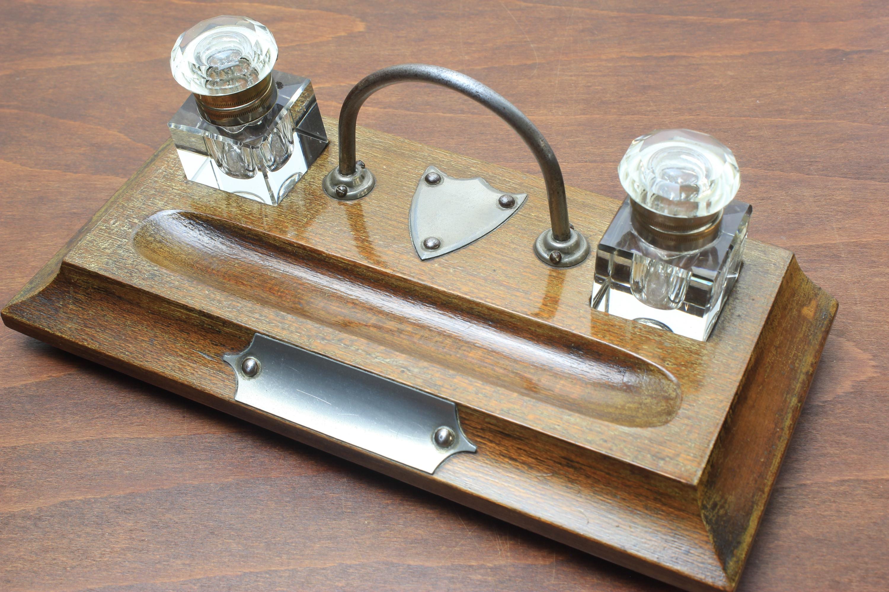 Ink Rest Antique Wooden Inkstand With Two Square Glass Inkwells and Pen Rest ...