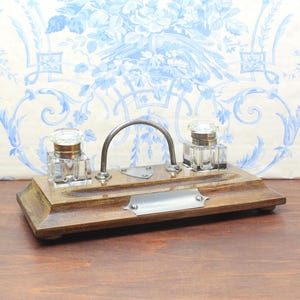 Antique Wooden Inkstand with Two Square Glass Inkwells and Pen Rest