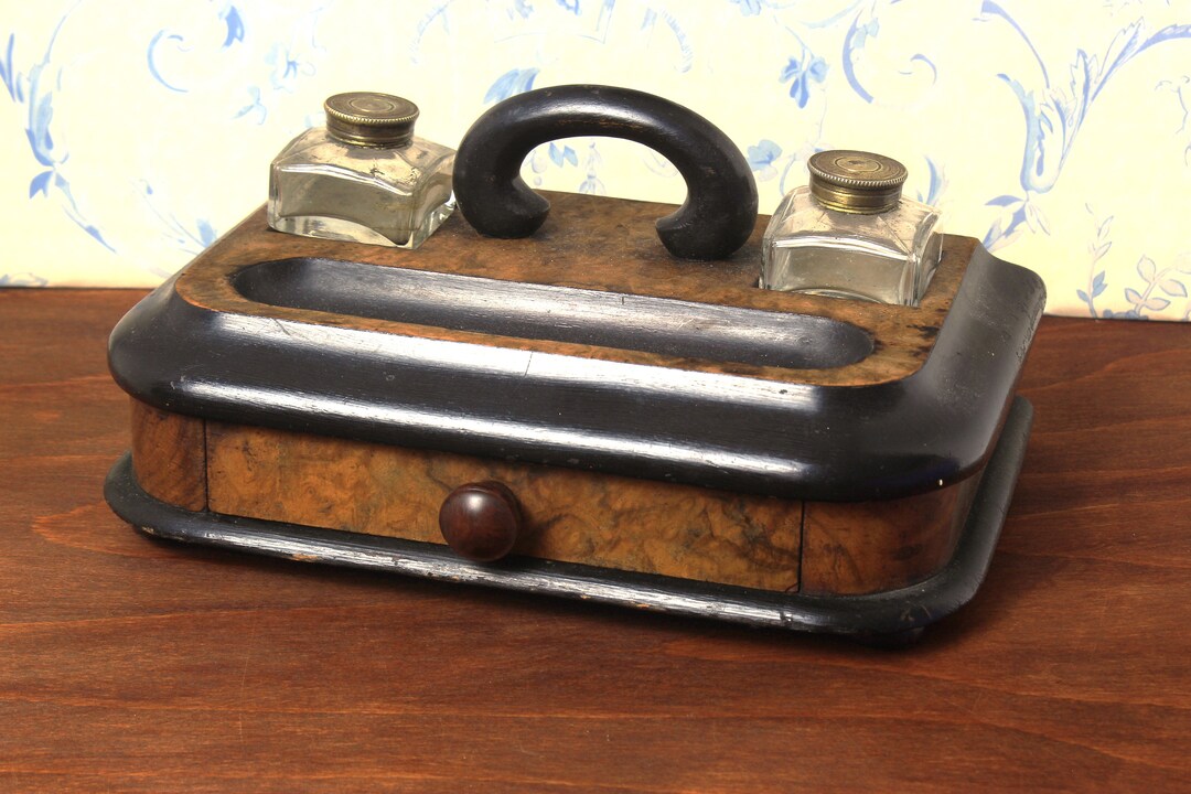 Ink Rest Antique Wooden Inkstand With Two Square Glass Inkwells and Pen Rest for ...
