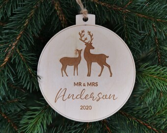 Personalised Christmas Family Name Bauble Mr & Mrs. Wooden Christmas Personalised Bauble,  C20