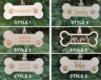 Nombre personalizado Perro Navidad Ornament Bone Shape con impresión de pata, decoración navideña personalizada para perros para los amantes de las mascotas, A5