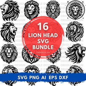 ライオンヘッド SVG バンドル、ライオンの顔のクリップアート、部族のライオンヘッドのシルエット、ライオンのタトゥーのデザイン、Cricut およびシルエットカット ファイル