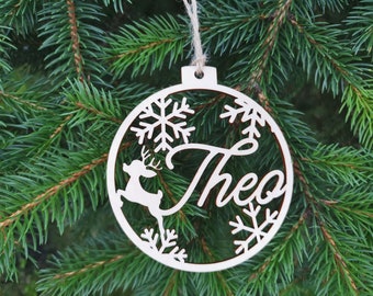 Personalised CHRISTMAS TREE BAUBLES Wooden Christmas Tree Decor Names Gift Tags Xmas Present, C2