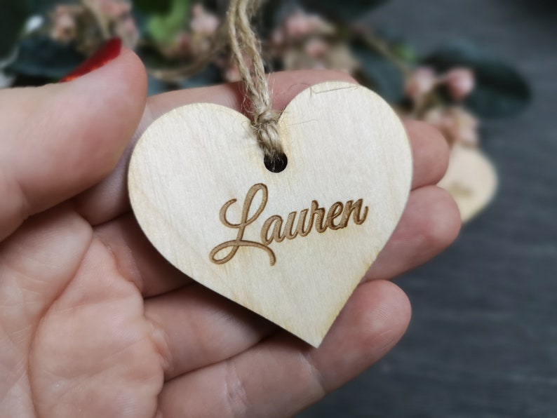 Personalized wooden heart place cards wedding favors. Wedding name tags place cards, L17 image 4