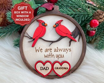 Cardinal Memorial Ornament with painted red cardinal birds on a branch and personalization's in the red hearts, Remembrance Gift BC14