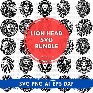 ライオンヘッド SVG バンドル、ライオン SVG クリップアート、吠えるライオンのシルエット、キングライオン PNG および Cricut 用ベクター デザイン