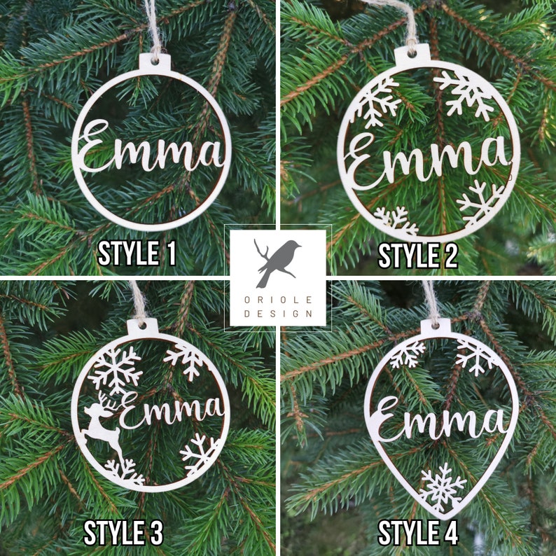 Personalized name CHRISTMAS ornaments Custom baubles set, Wooden PERSONALISED hanging gift, Laser cut snowflakes CHRISTMAS tree, C12 image 2