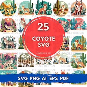 Bundle SVG Coyote, Clipart faune du désert, Silhouettes de Coyote, modèles Cricut inspirés de la nature, Art animalier prêt pour la sublimation