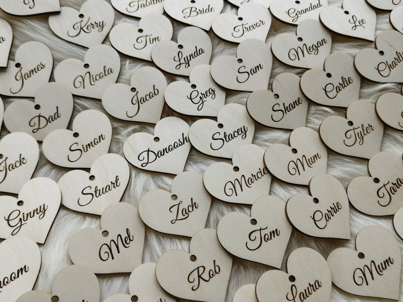 Personalized wooden heart place cards wedding favors. Wedding name tags place cards, L17 image 1