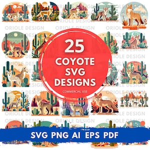 Bundle SVG Coyote, clipart faune du désert, dessins de Silhouette de Coyote, fichiers Cricut faune, art de la sublimation scène nature