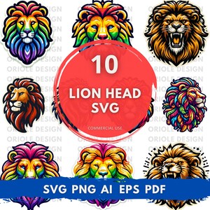 ライオン SVG バンドル、雄大なライオンの頭のデザイン、部族のライオンのクリップアート、Cricut と Silhouette 用の吠えるライオン SVG