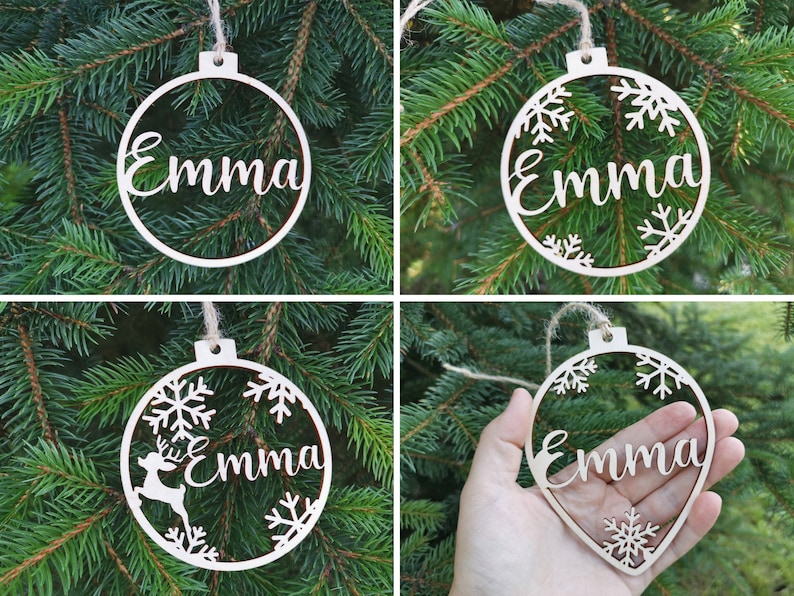 Personalized name CHRISTMAS ornaments Custom baubles set, Wooden PERSONALISED hanging gift, Laser cut snowflakes CHRISTMAS tree, C12 image 3