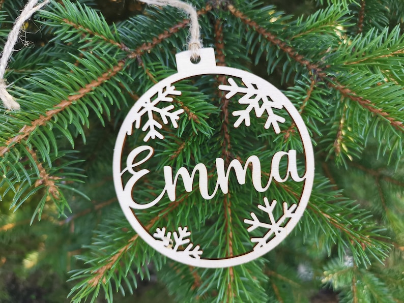 Personalized name CHRISTMAS ornaments Custom baubles set, Wooden PERSONALISED hanging gift, Laser cut snowflakes CHRISTMAS tree, C12 Style 2