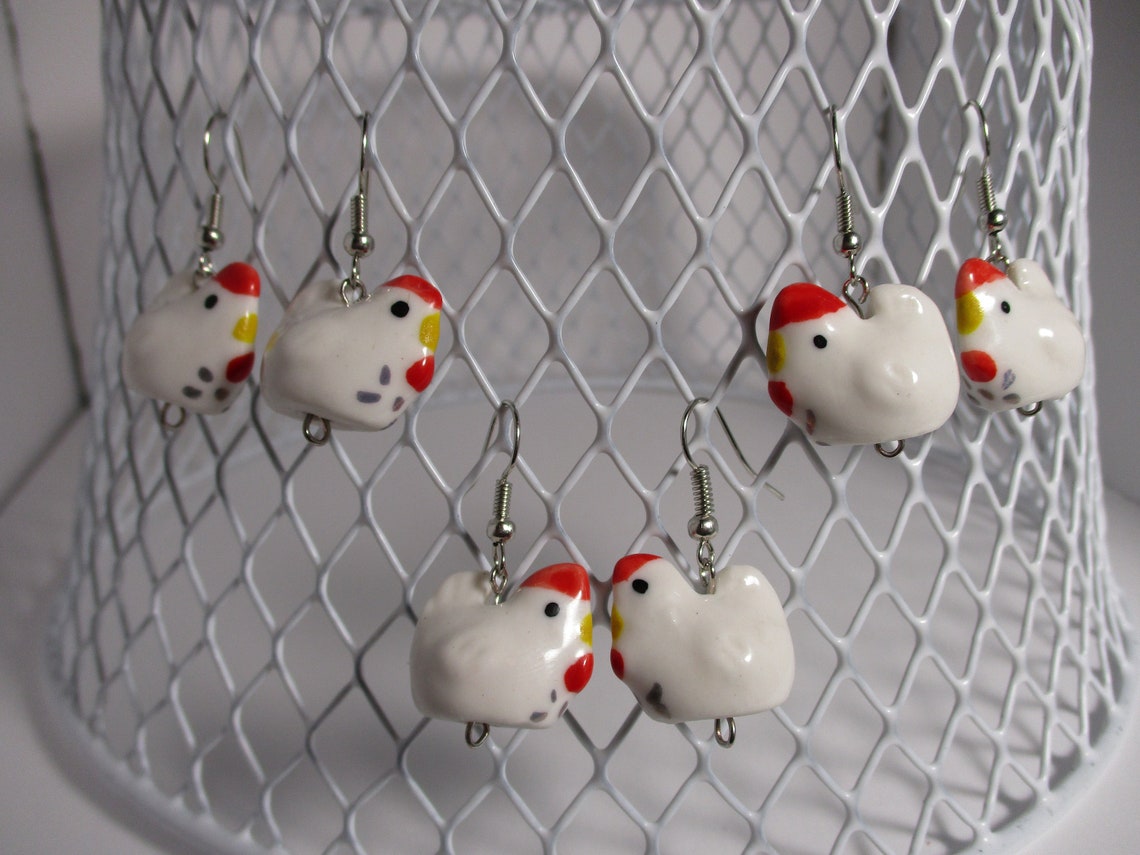 Chicken Earrings Animal Chickens Dangly Earrings Etsy