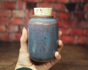 Small Blue Spice Jar | Small Ceramic Jar | Spice Jar | Cork Jar | Handmade Ceramic Jar |