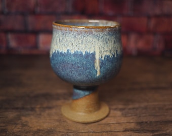 Blue Drip Goblet | 10oz Goblet | Ceramic Wine Goblet | Ice Cream Dish | Ceremonial Goblet