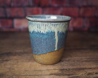 Cafe Tumbler | Blue Drip Tumbler 10oz | Stoneware Tumbler | Handmade Pottery | Juice Cup | Rustic Beer Glass | Ready to Ship