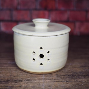 May include: A cream-colored ceramic garlic keeper with a lid. The cylindrical container has a series of small holes around the middle and a small knob on the lid. The keeper sits on a wooden surface with a brick background.