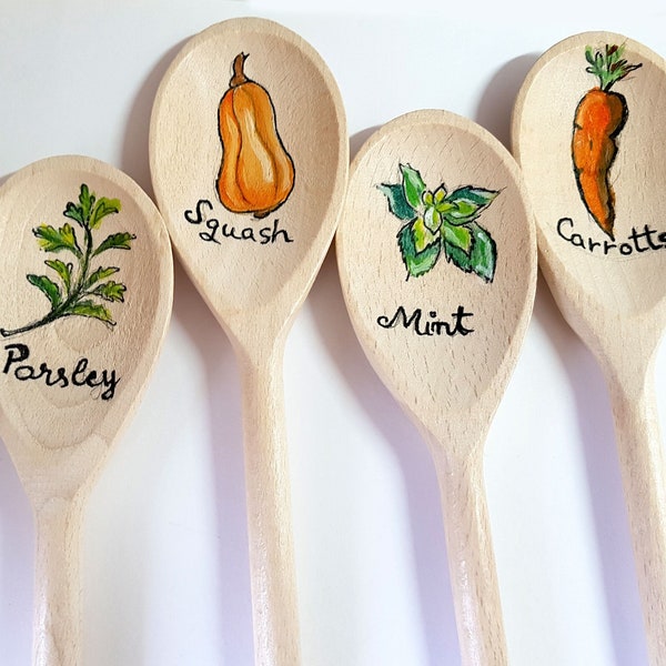 Vegetable or herbs patch markers,wooden spoon tags garden  hand painted in acrylic waterproof set of 4