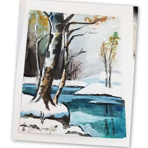 Cartão de Natal pintado, paisagem de inverno, temporada de Natal, festivo, cartão de felicitações de inverno, presente feito à mão, cartão pintado à mão,