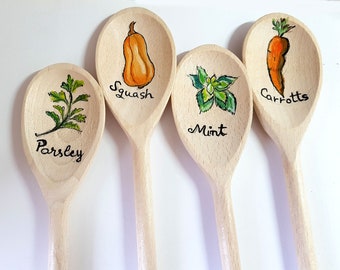 Vegetable or herbs patch markers,wooden spoon tags garden  hand painted in acrylic waterproof set of 4